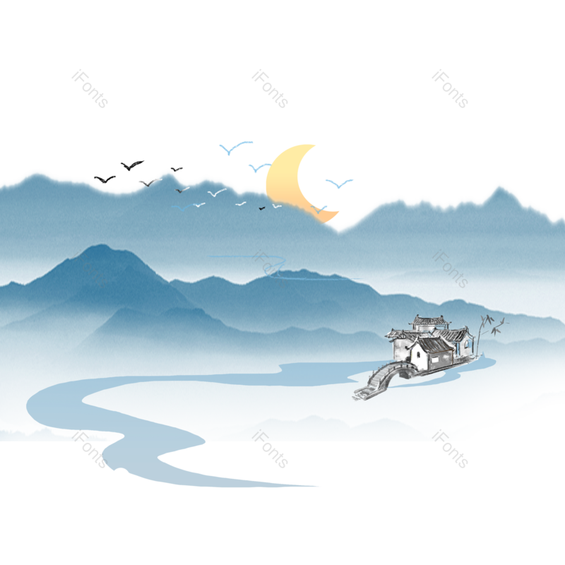 水墨图片,中国风元素,山水PNG,飞鸟免抠素材
